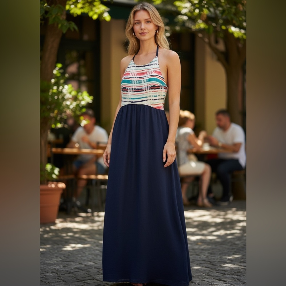 Roxy Halter Sundress 100 Cotton Boho Multicolor Maxi Long Navy Strap Top Tie